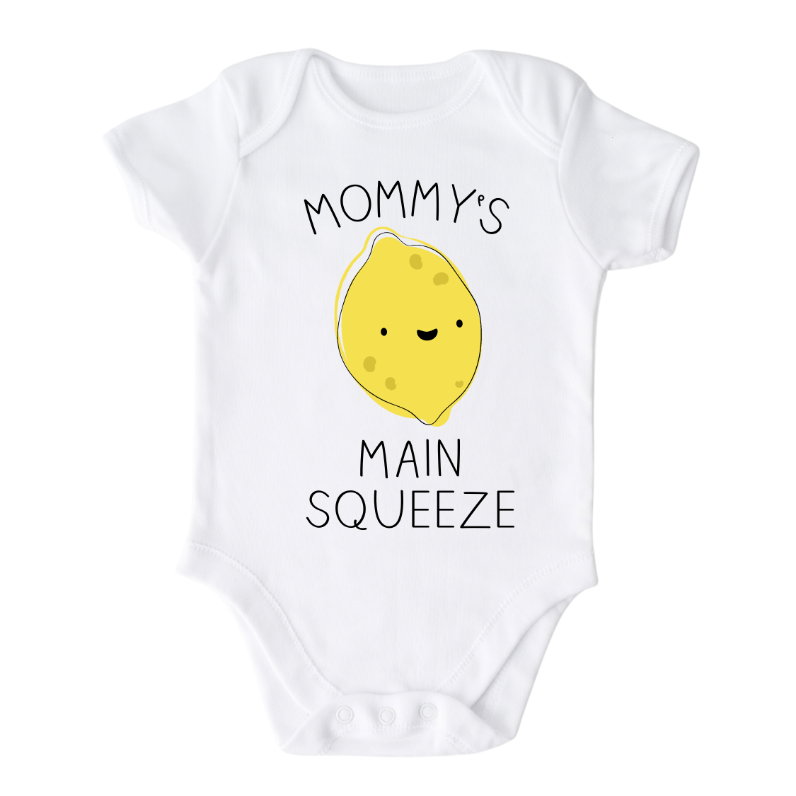 Baby Onesie with a cute printed graphic of a lemon and the text 'Mama's Main Squeeze.' This adorable t-shirt celebrates the special bond between a child and their mama. 