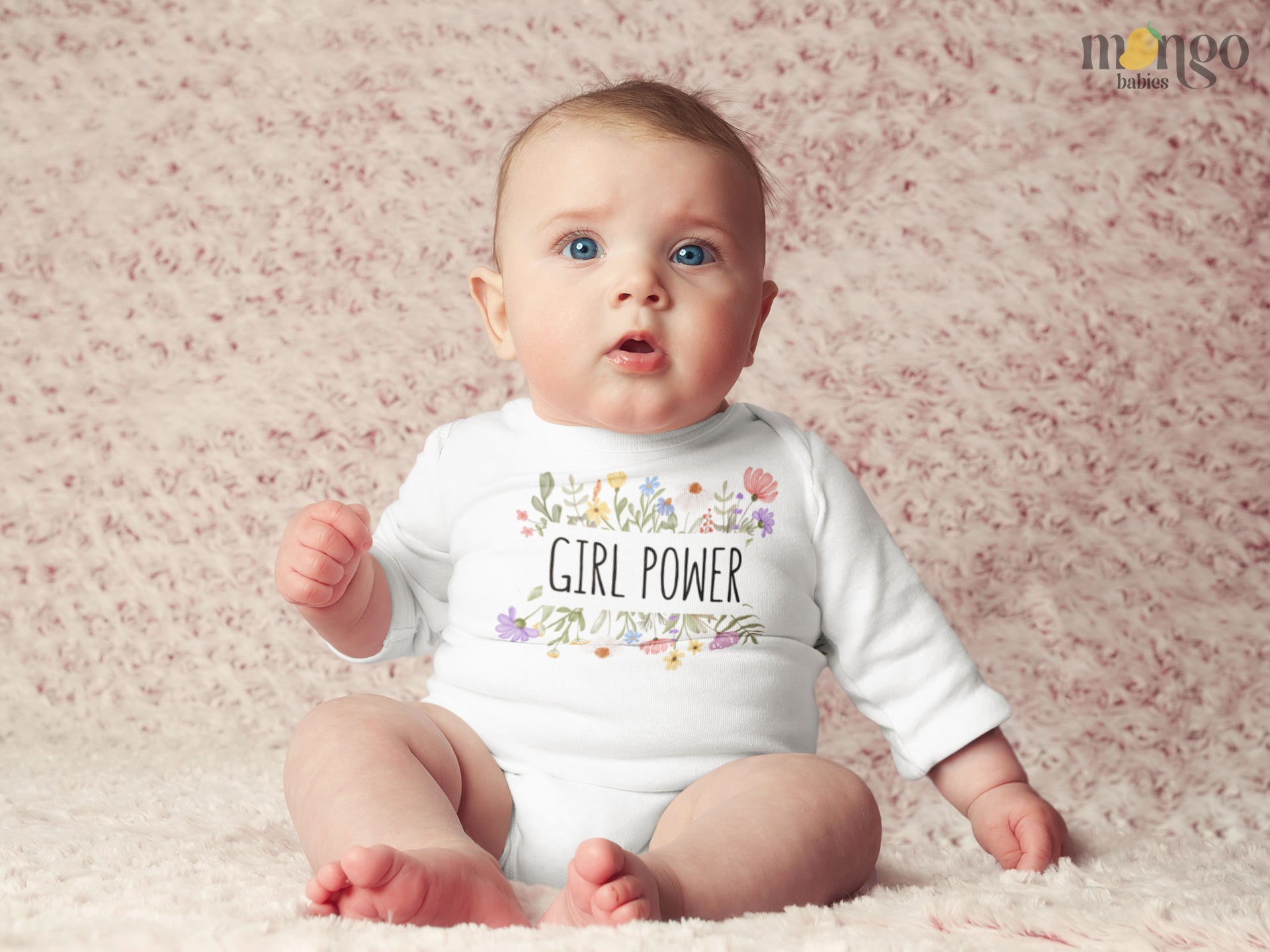 Long Sleeve Baby Onesie featuring a captivating floral frame graphic and empowering text 'Girl Power.' Ideal for young girls celebrating confidence and strength. 