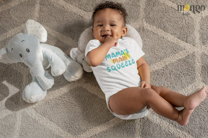 Baby Bodysuit with a cute printed graphic of the text 'Mama's Main Squeeze.' This statement tee celebrates the special bond between a child and their mama. 