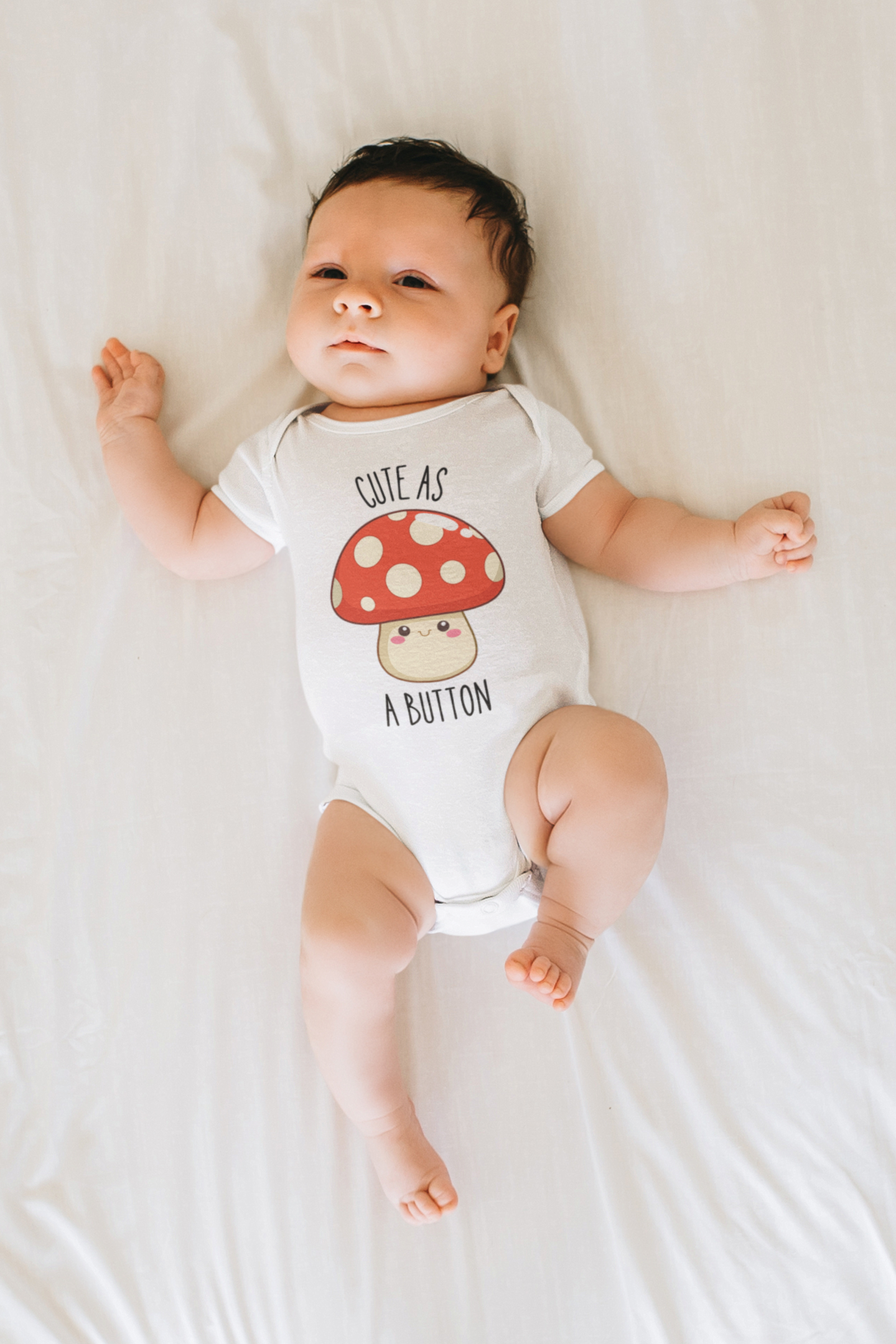 White Onesie showcasing a cute printed graphic of a mushroom and the endearing text 'Cute As A Button.' Discover this delightful tee that adds a touch of charm and style to your child's wardrobe.