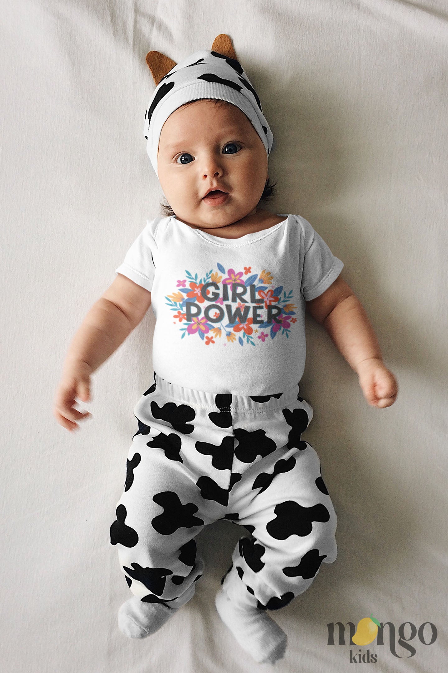 White Short Sleeve Baby Bodysuit with a floral icon and the text 'Girl Power.' This empowering design celebrates the strength and confidence of girls.