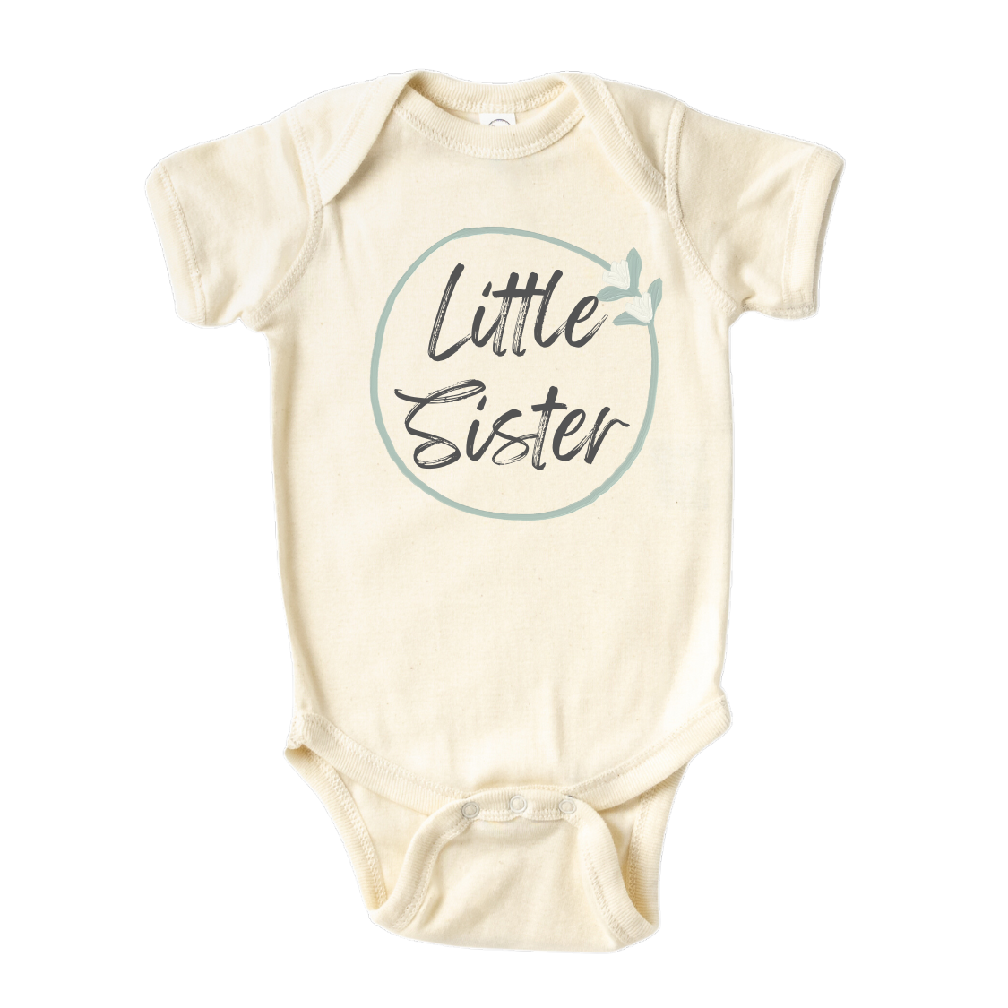 Natural Baby Onesie with a minimalistic printed graphic of a pastel green floral wreath and the text 'Little Sister.' This charming t-shirt celebrates the joyous arrival of a little sister.