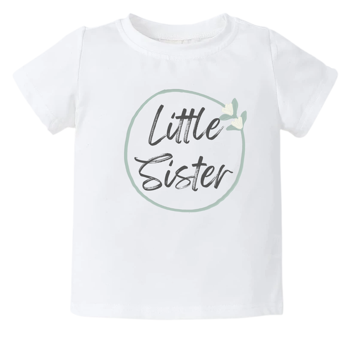 A kid's t-shirt with a minimalistic printed graphic of a pastel green floral wreath and the text 'Little Sister.' This charming t-shirt celebrates the joyous arrival of a little sister.