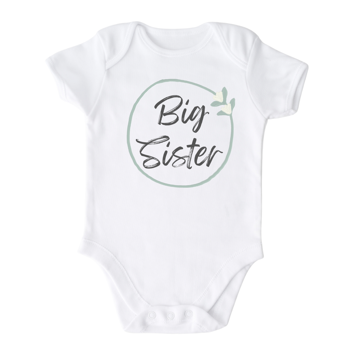 Baby Onesie with a minimalistic printed graphic of a pastel green floral wreath and the text 'Big Sister.' This delightful t-shirt celebrates the exciting role of a big sister.