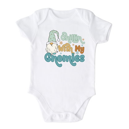 White Onesie with a cute gnome graphic and the text 'Chillin with my Gnomies.' Playful and trendy design for stylish outfits.