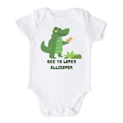 Baby onesie showcasing a playful printed graphic of an alligator and the text 'See Ya Later Alligator.' Explore this delightful tee that adds a touch of whimsy and charm to your child's wardrobe.