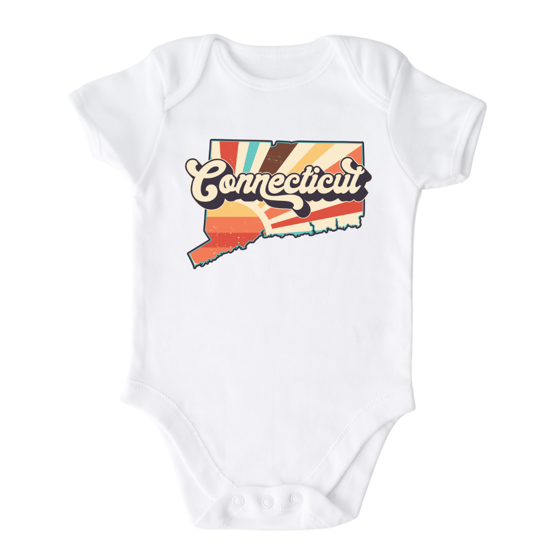 Connecticut retro design printed on baby bodysuit in white color, front image view