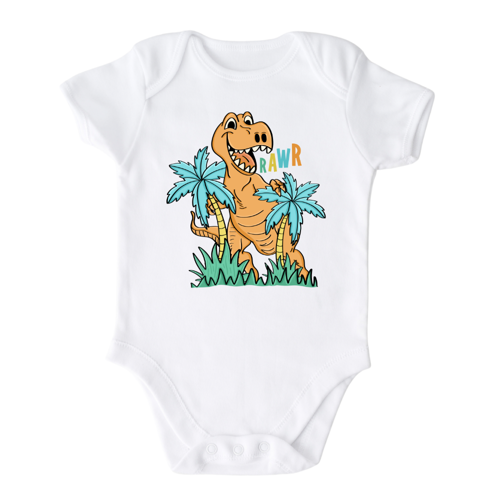 White Baby Onesie with a cute dinosaur graphic and the text 'Rawr'.