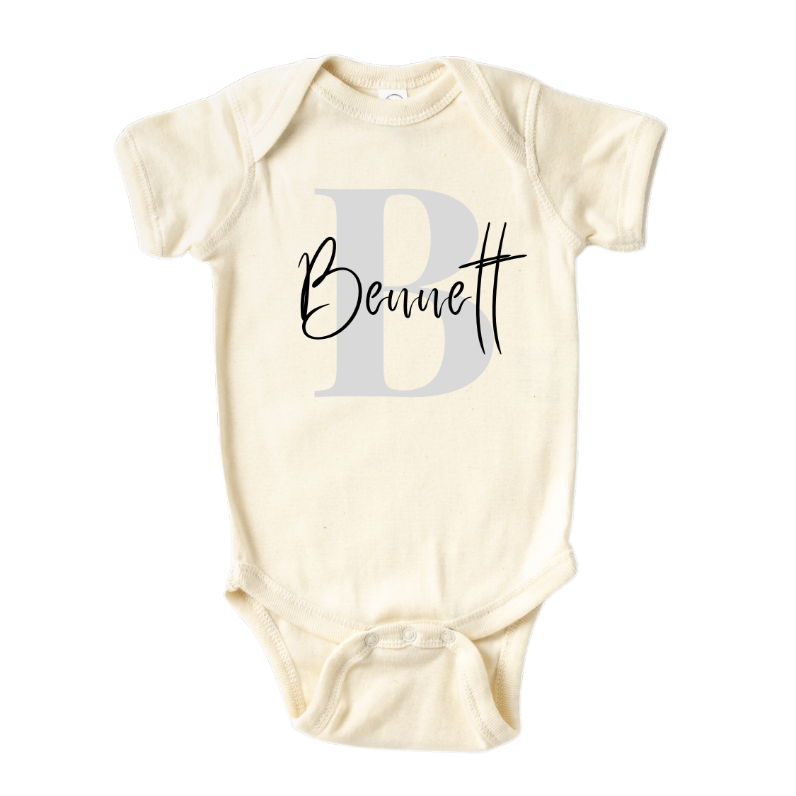 Natural Baby Onesie with grey initial design and customizable name.
