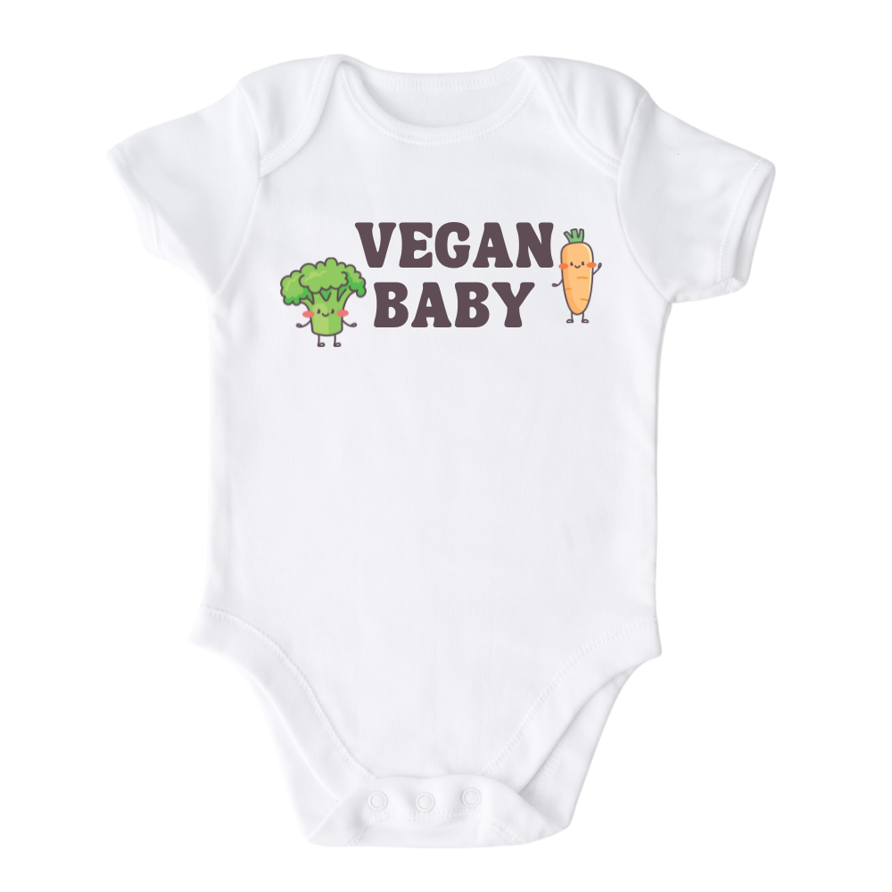 White Baby Bodysuit showcasing a fun printed graphic of a broccoli and carrot with the text 'Vegan Baby.' Explore this vibrant tee that promotes a healthy lifestyle for children.