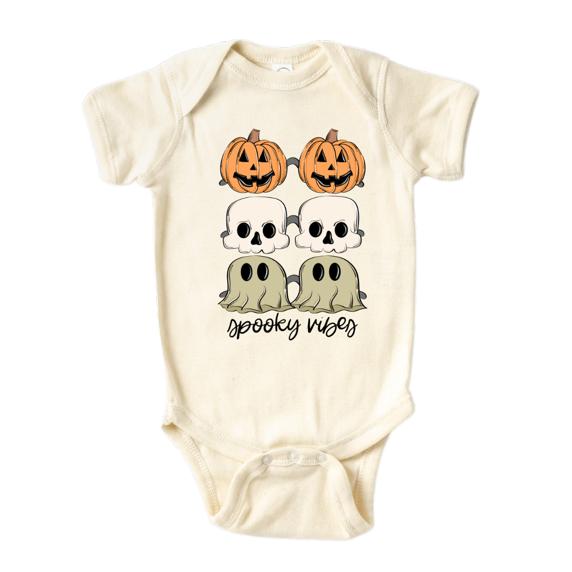 Halloween Baby Onesie - Cute Bay Gift for Kid's t-shirt with a cute Halloween icons design and 'Spooky Vibes' text.