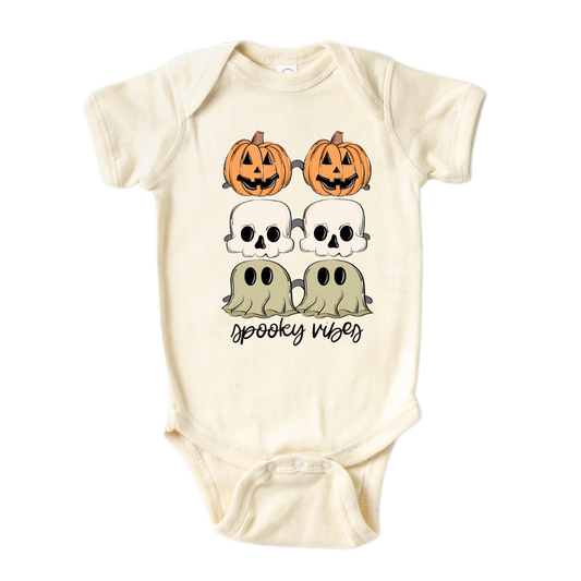 Halloween Baby Onesie - Cute Bay Gift for Kid's t-shirt with a cute Halloween icons design and 'Spooky Vibes' text.