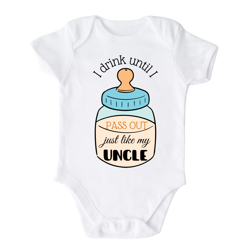 Baby Onesie with a cute printed design of a milk bottle and customizable text that says, 'I drink until I pass out just like my uncle.