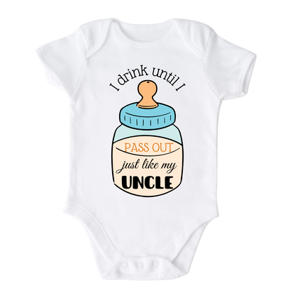 Baby Onesie with a cute printed design of a milk bottle and customizable text that says, 'I drink until I pass out just like my uncle.