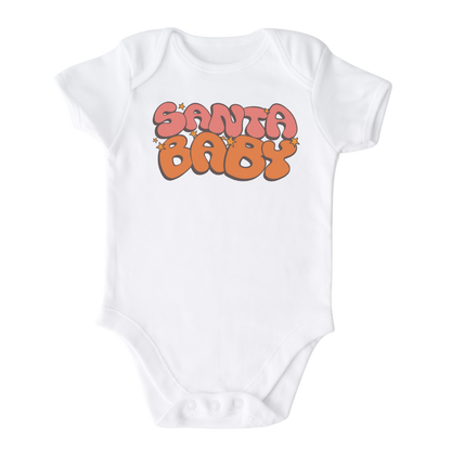 White Onesie with a retro printed graphic and the text 'Santa Baby.' This festive and charming design is perfect for the Christmas season.