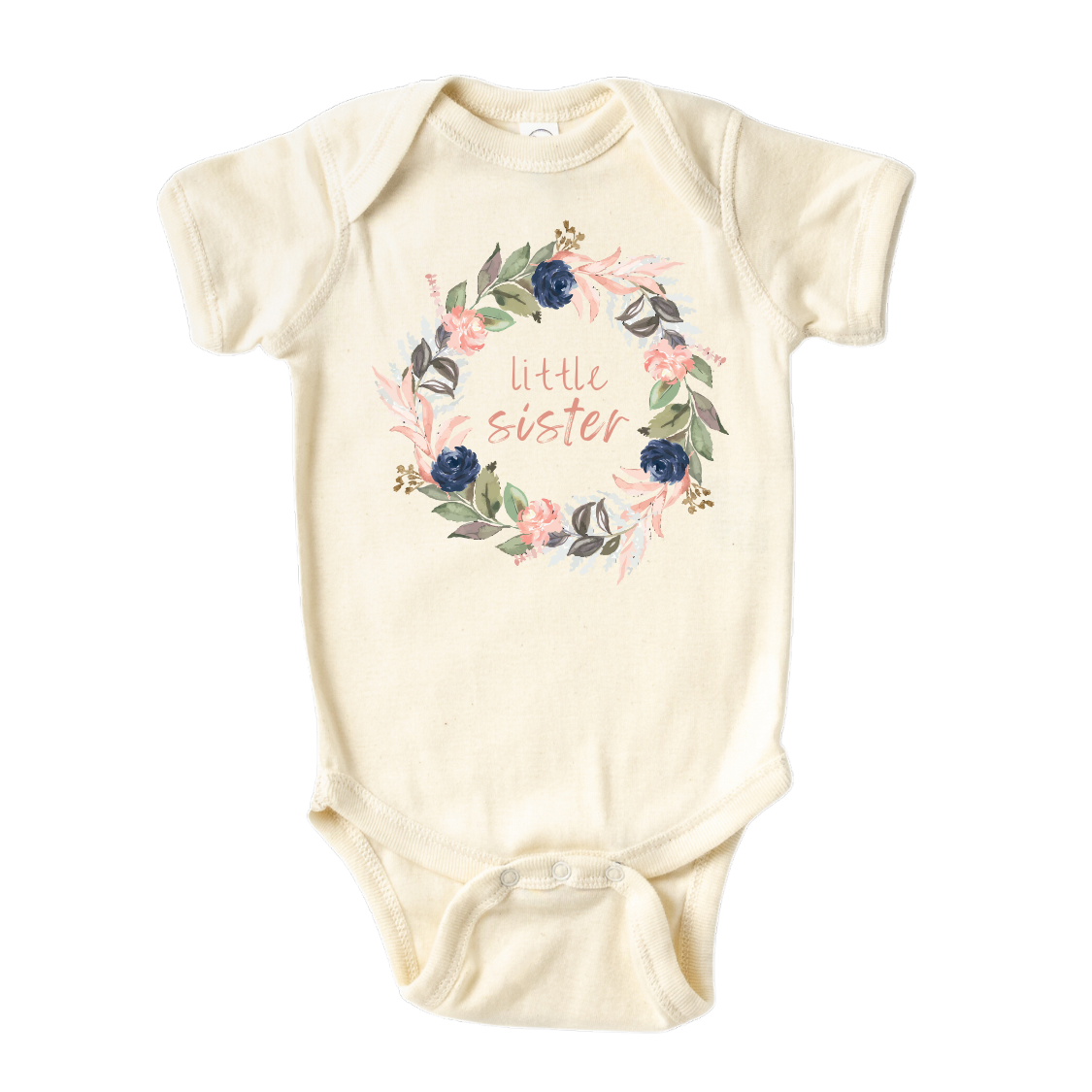 Natural Onesie with a cute printed graphic of a floral wreath and the text 'Little Sister.' This adorable t-shirt celebrates the arrival of a precious little sister.