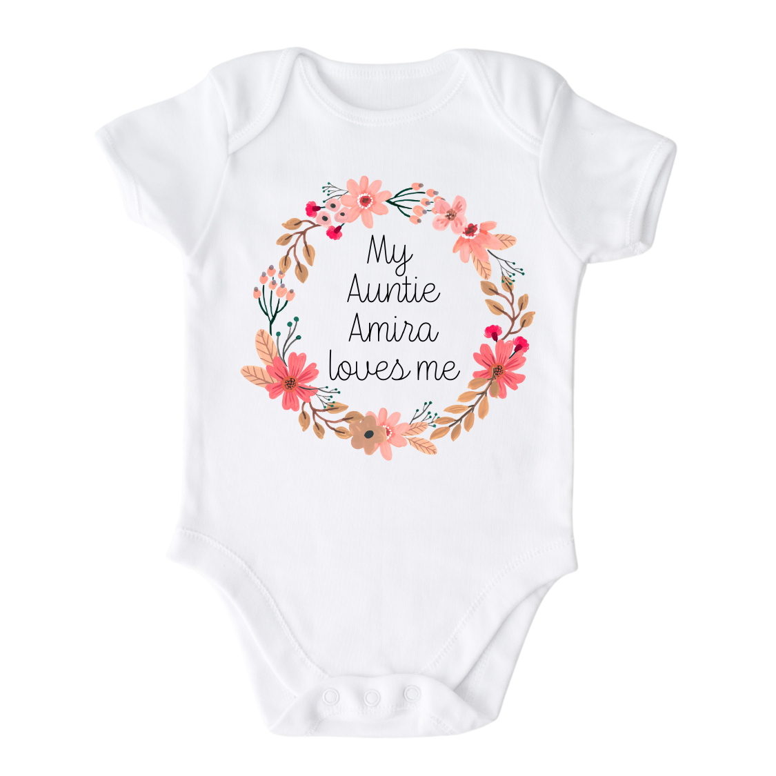 Kid Tshirt and Baby Onesie featuring a floral wreath design and customizable text 'My Auntie Loves Me.
