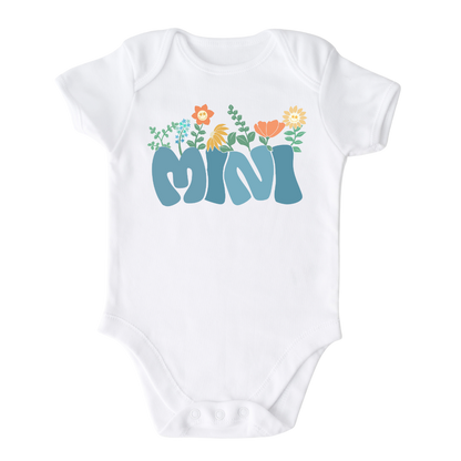 White Onesie with a retro blue printed graphic of the text 'Mini.' This trendy design adds a playful and vintage touch to your child's outfit.