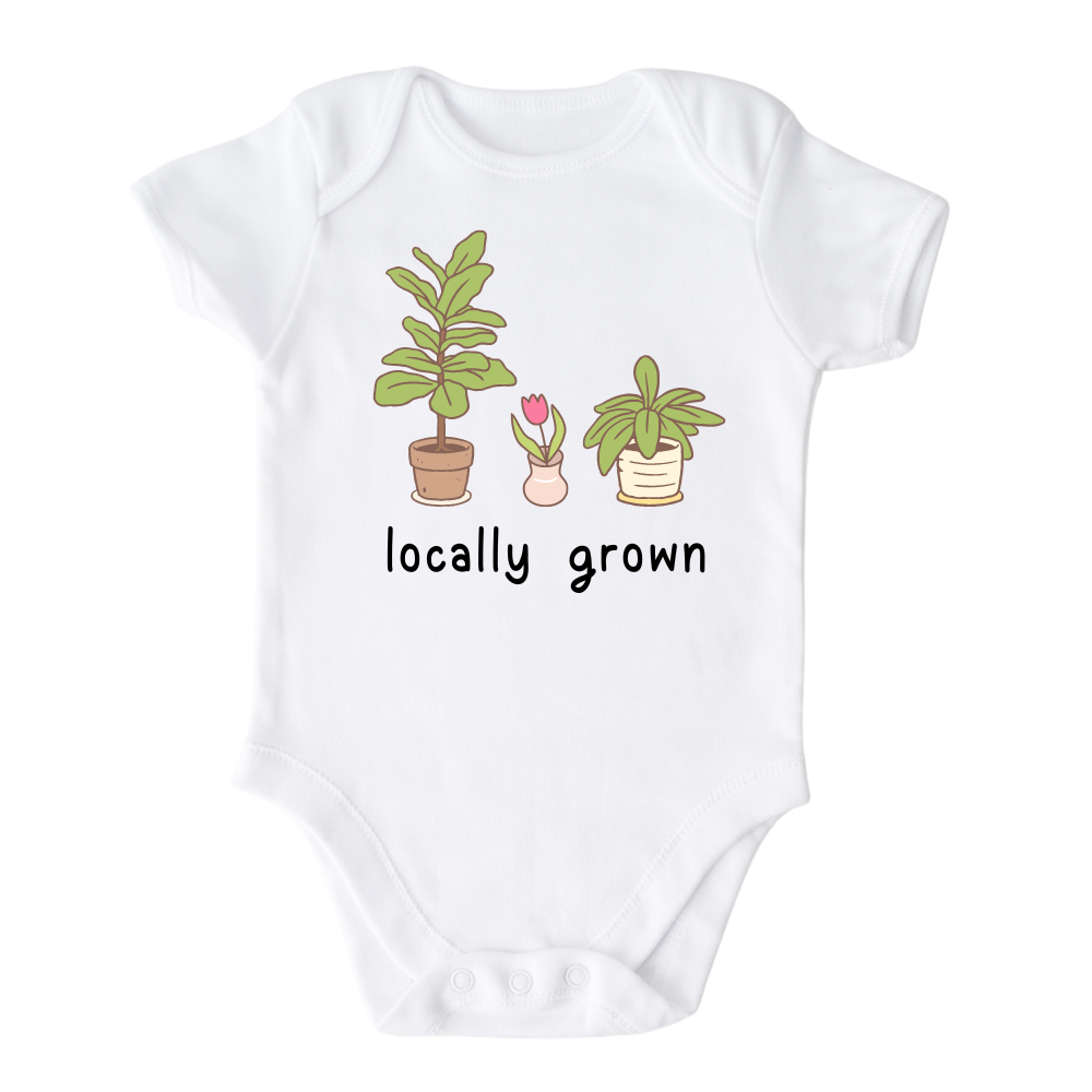 Short Sleeve White Onesie with a succulent graphic and the text 'Locally Grown.' This design represents local pride and supports community spirit.