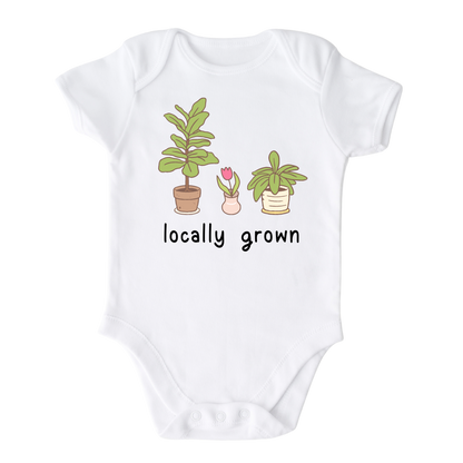 Short Sleeve White Onesie with a succulent graphic and the text 'Locally Grown.' This design represents local pride and supports community spirit.
