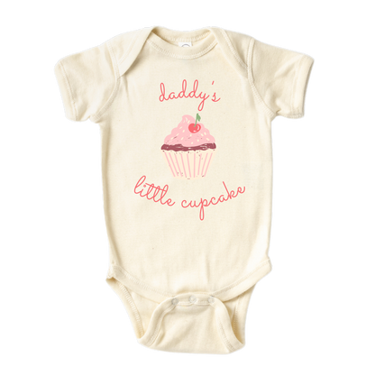 Baby Onsie Cute cupcake graphic print with customizable text - 'Daddy's Little Cupcake' on a kid t-shirt and baby onesie. High-quality and vibrant design for adorable children's clothing. Perfect gift option.
