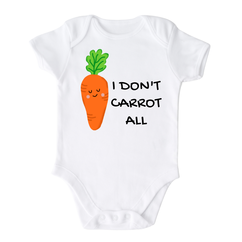 White Baby Bodysuit with carrot graphic and 'I Don't Carrot All' text. Playful and trendy shirt for children's fashion