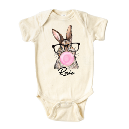Kid's t-shirt and baby onesie with cute rabbit wearing glasses design, perfect for stylish little ones.
