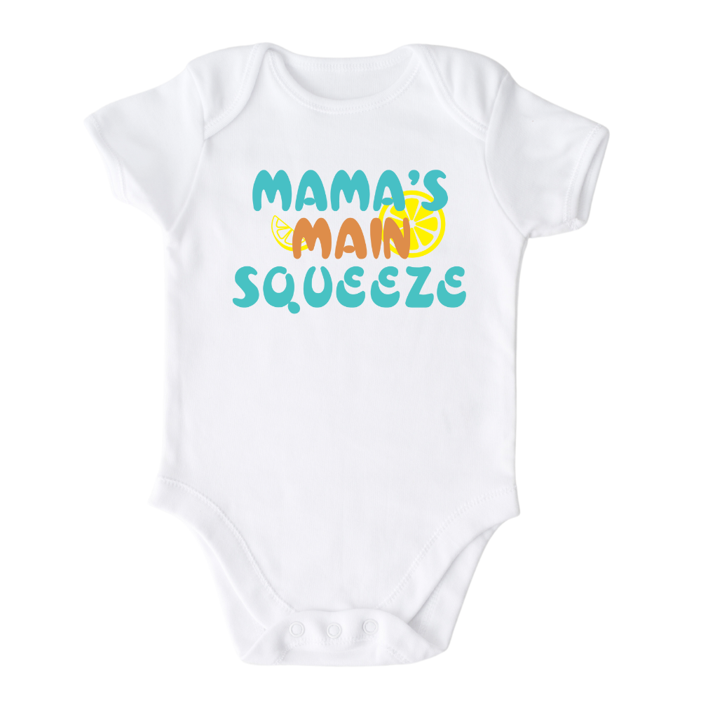 Baby Onesie with a cute printed graphic of the text 'Mama's Main Squeeze.' This statement tee celebrates the special bond between a child and their mama. 