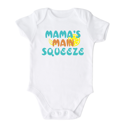 Baby Onesie with a cute printed graphic of the text 'Mama's Main Squeeze.' This statement tee celebrates the special bond between a child and their mama. 