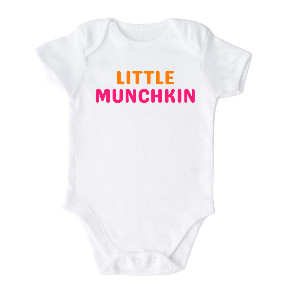 Short Sleeve White Baby Onesie with the text 'little munchkin.' This adorable design adds a playful and endearing touch to your child's outfit.