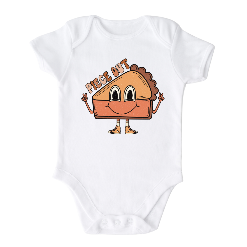 Baby Bodysuit with pumpkin pie graphic and text 'Piece Out', ideal for autumn fashion, Thanksgiving outfits, and holiday celebrations