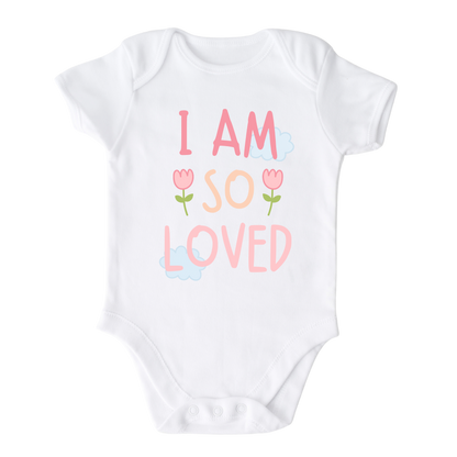 Short Sleeve White Onesie with a pastel graphic of the text 'I am so loved.' This heartwarming design represents the unconditional love surrounding your child. 