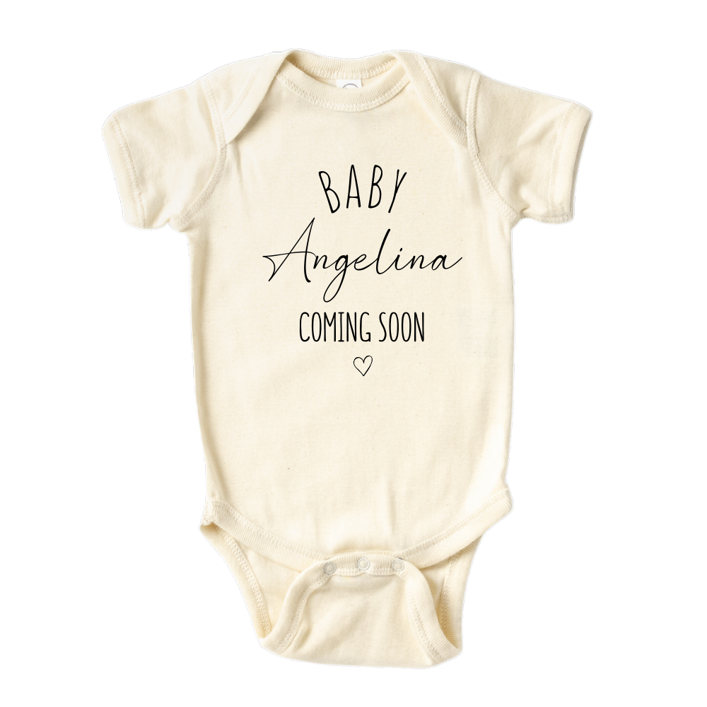 Baby shower gift, coming soon, baby onesie, custom name