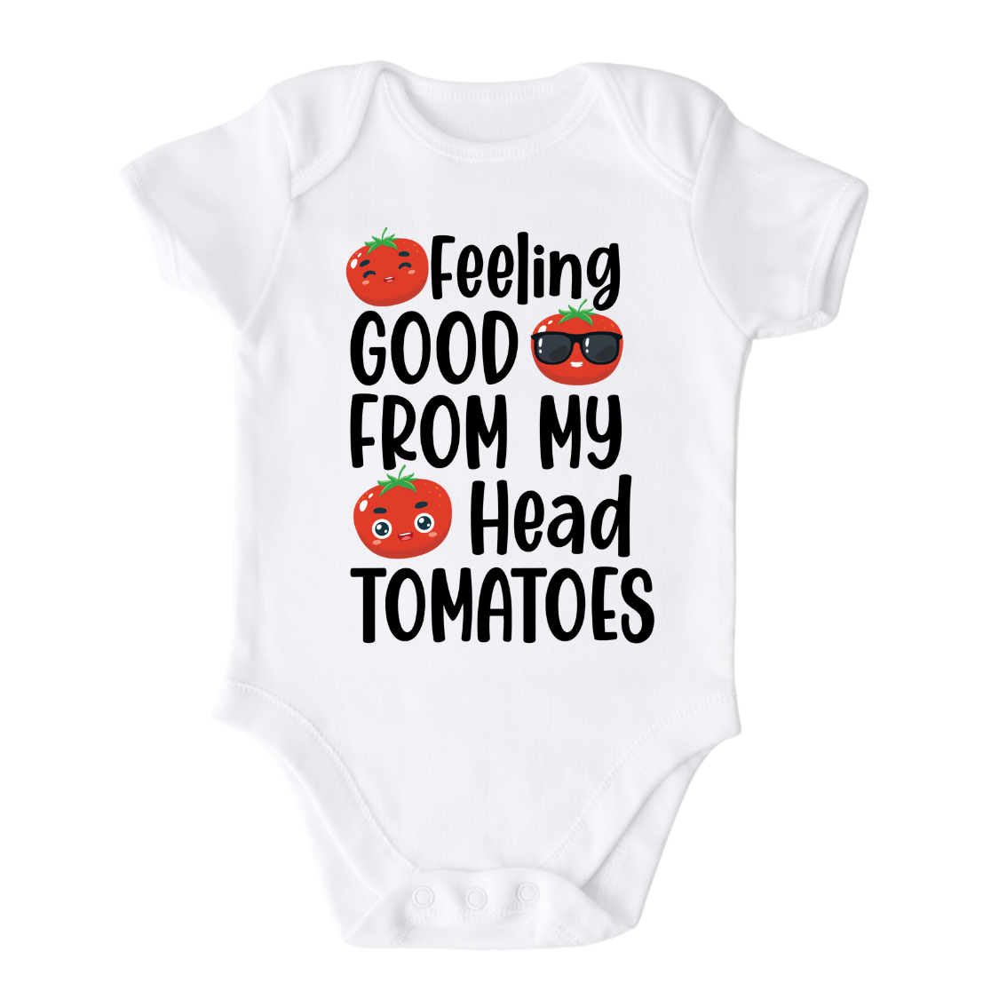 short sleeve baby onesie with cute tomatoes and the text 'Feeling Good From My Head Tomatoes.' This playful design adds a fun and cheerful touch to their outfit. 