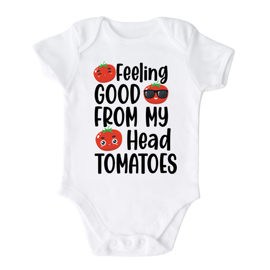 short sleeve baby onesie with cute tomatoes and the text 'Feeling Good From My Head Tomatoes.' This playful design adds a fun and cheerful touch to their outfit. 