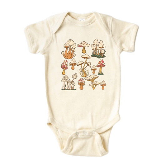 A charming mushroom design on a kid's t-shirt and baby onesie, perfect for nature-inspired playtime and adding a touch of magic to the outfit