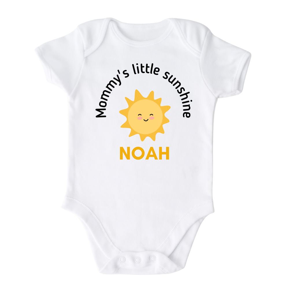 Personalized Kid T-shirt with a cute sun graphic and text Mommy's Little Sunshine with custom name - made from high quality fabric and safe ink print 