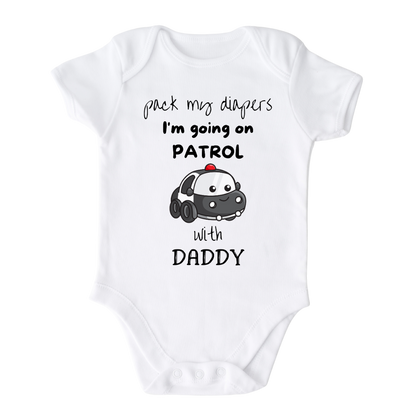 White Onesie with a cute printed graphic of a police car and the text 'Pack My Diapers I'm Going On Patrol with Daddy.' This adorable t-shirt is perfect for little ones who admire their police officer dads and enjoy exciting adventures. Made with high-quality materials, it offers comfort and durability, making it a great addition to any child's wardrobe.
