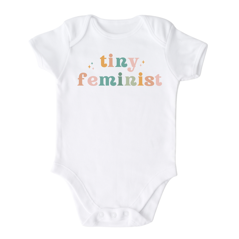 White Baby Bodysuit with colorful design for Tiny Feminist saying