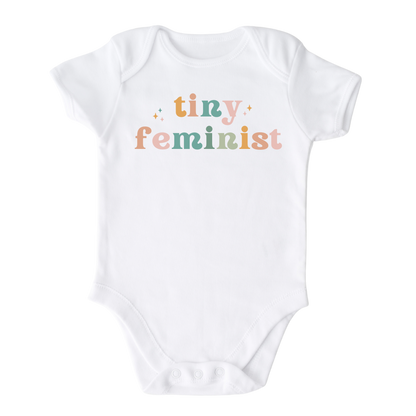 White Baby Bodysuit with colorful design for Tiny Feminist saying