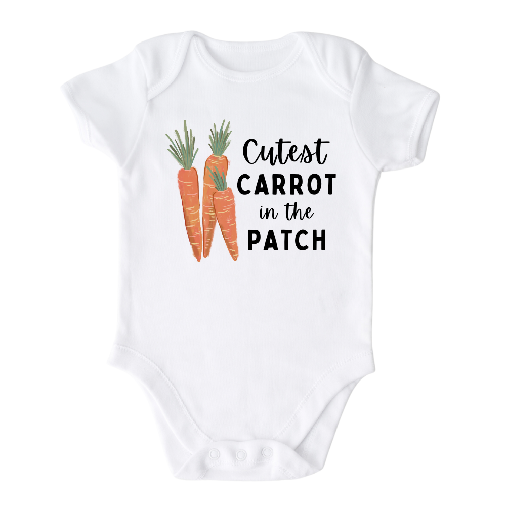 Baby Bodysuit with Cute carrot bunch graphic with 'Cutest Carrot in the Patch' text.