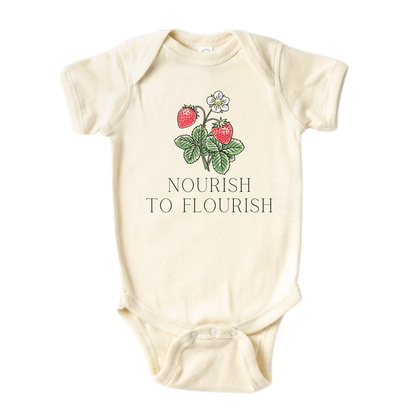 Baby onesie Kids t-shirt Strawberry flower design Nourish to Flourish Infant apparel Children&#39;s fashion Organic cotton clothing Healthy lifestyle Nutrient-rich fashion Wholesome attire Floral design