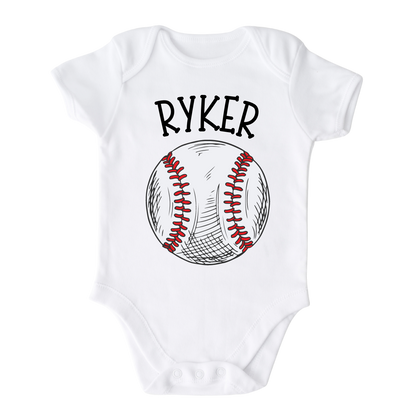 Baby Onesie with a cute printed design of a baseball, customizable with a name option.