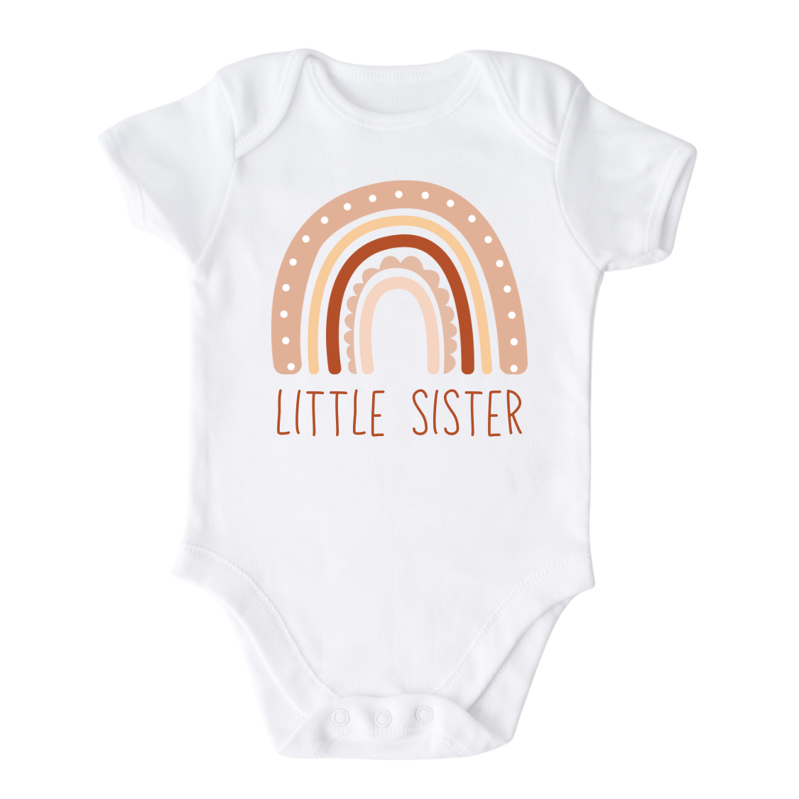 Baby Onesie with a cute printed design of a rainbow, customizable with the text 'Little Sister'.