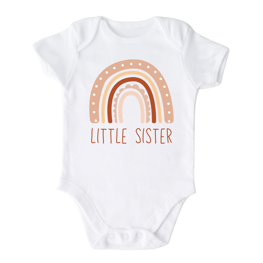 Baby Onesie with a cute printed design of a rainbow, customizable with the text 'Little Sister'.