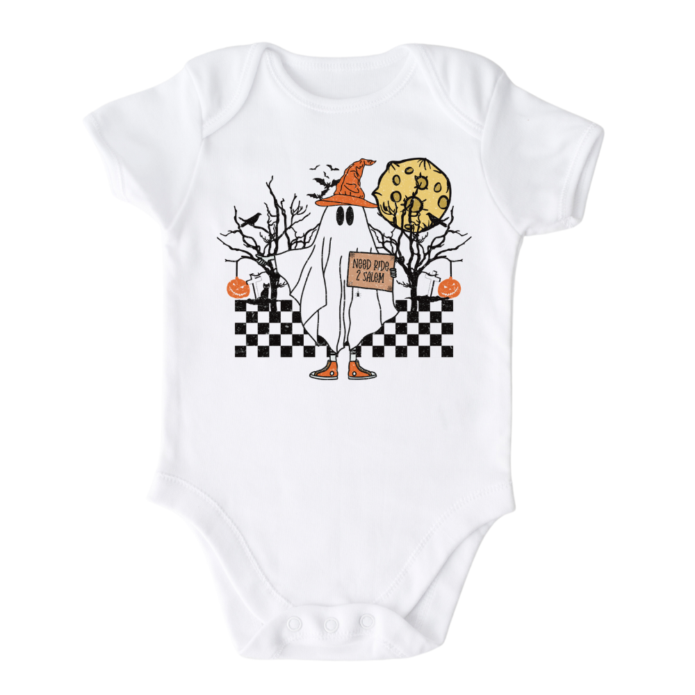 White Baby Bodysuit with a cute ghost graphic and the text 'Need Ride 2 Salem'. Ideal for Halloween outfits and spooky fun. Shop now for this adorable and humorous shirt for your child's wardrobe.