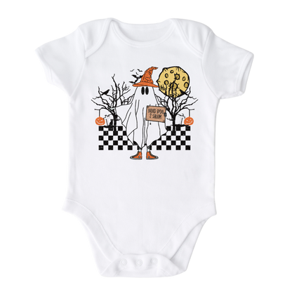 White Baby Bodysuit with a cute ghost graphic and the text 'Need Ride 2 Salem'. Ideal for Halloween outfits and spooky fun. Shop now for this adorable and humorous shirt for your child's wardrobe.