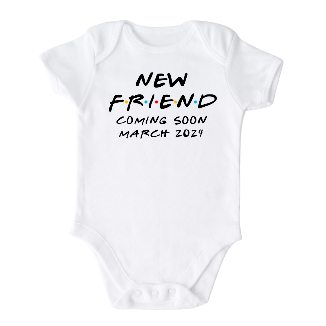 Cute Baby Onesie - Baby Gift - Baby Reveal Onesie Announcement with a cute New Friend Coming Soon; text design.