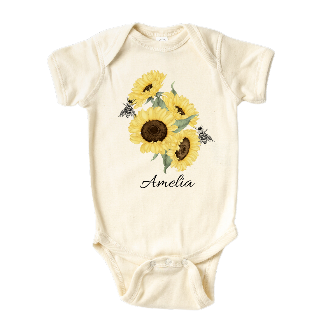 Baby Onesie A kid's t-shirt with a cute printed graphic of sunflowers and bees, personalized with a customized name. This delightful tee is stylish, comfortable, and made from high-quality materials. 