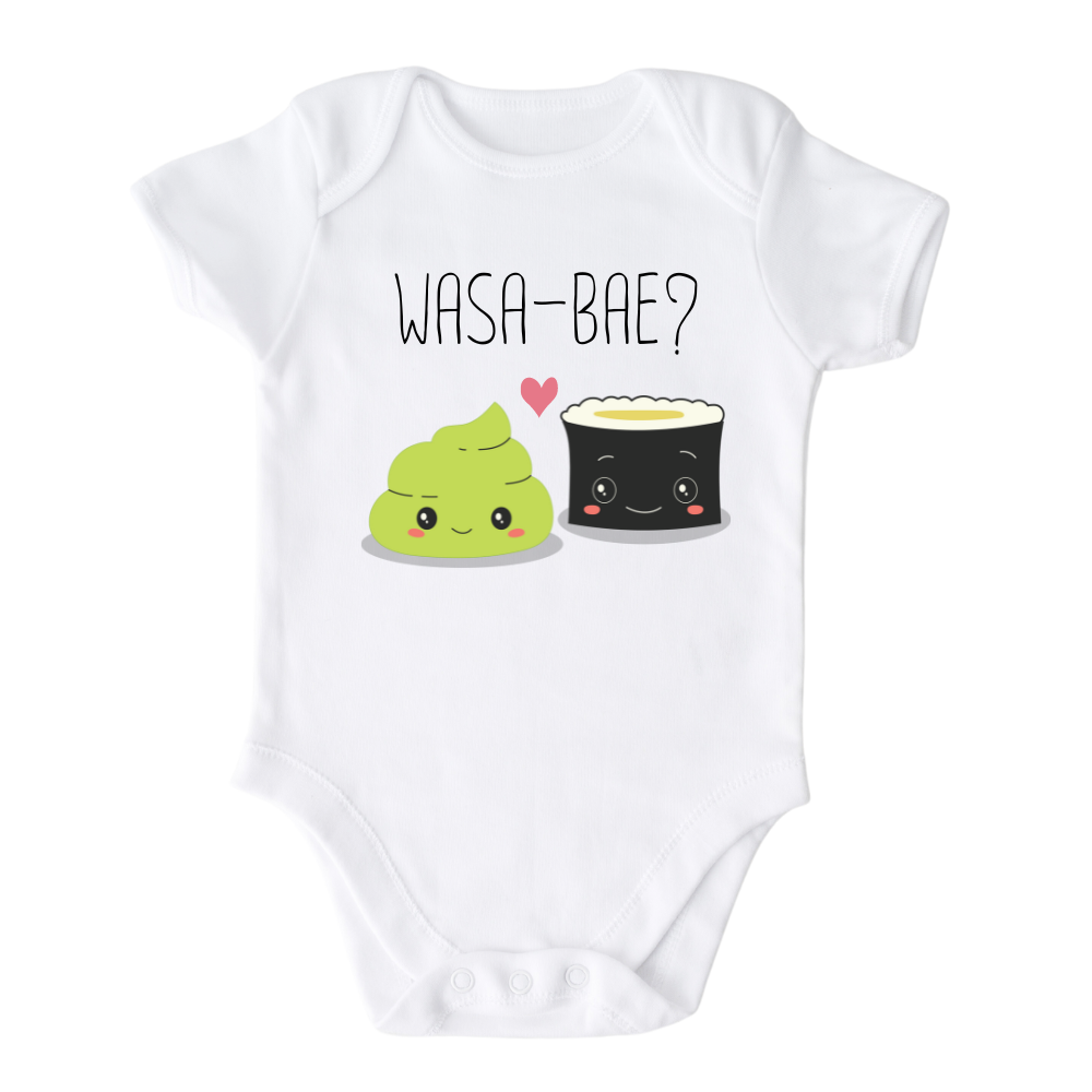 Baby Bodysuit showcasing a cute printed graphic of a sushi and wasabi, along with the playful text 'Wasa-Bae.' Explore this delightful tee that adds a touch of trendy and fun style to your child's wardrobe. 